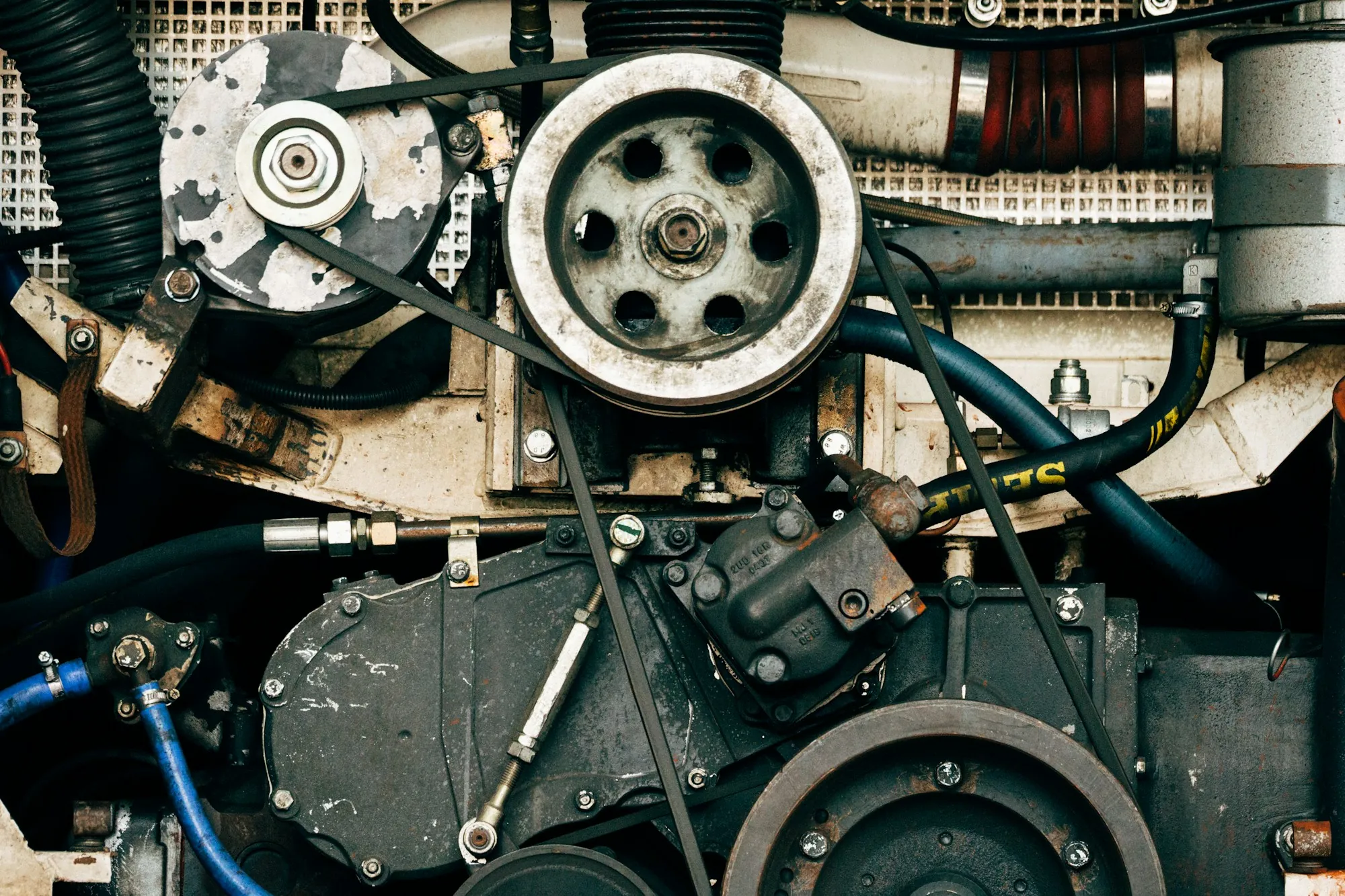 Exposed timing gears and chain on an engine during repair